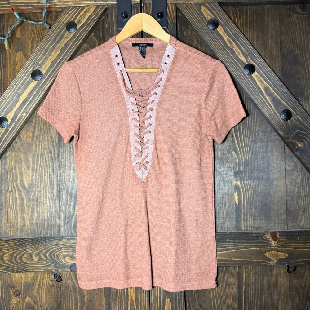 Forever 21 Dusty Rose Lace-Up V-Neck Top